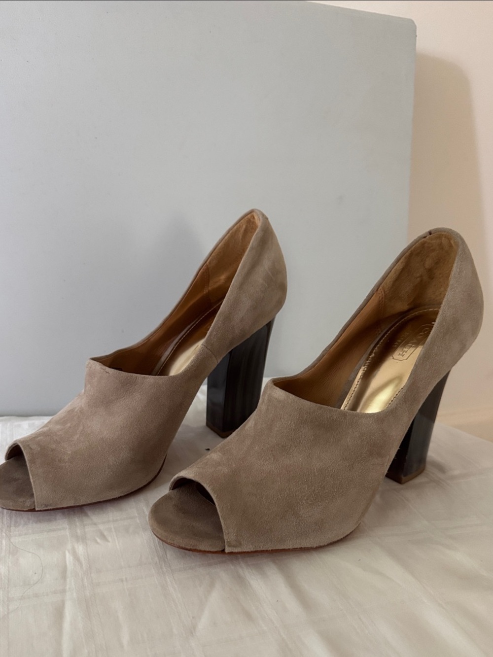Coach Taupe Suede Open-Toe Block Heel Pumps Size 9